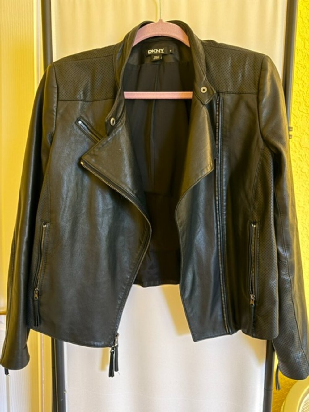 DKNY Black Genuine Leather Perforated Moto Biker Jacket